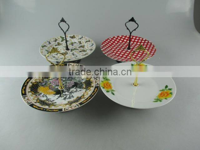 2 tier ceramic cake stand with iron handle for weeding/party use in stock