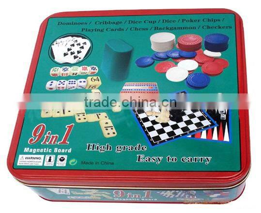 9 in 1Dominoes/Cribbage/Dice cup/Dice/Poker Chips/Playing cards/Chess/Backgammon/Checkers Magnetic board game