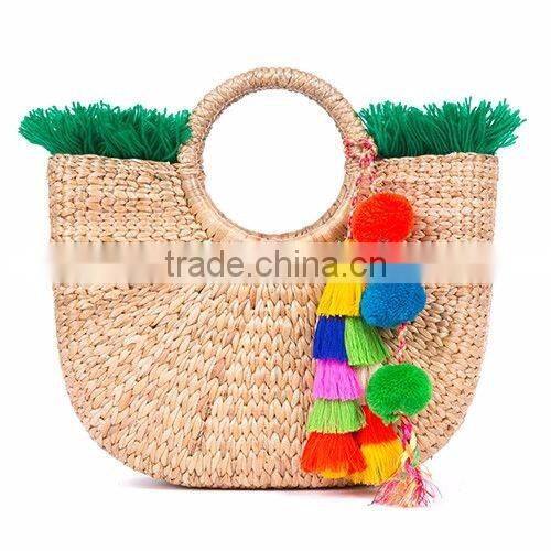 Seagrass women handbag with pom pom