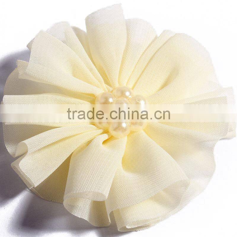 fabric chiffon flower with pearl beads center for kids hair accessories