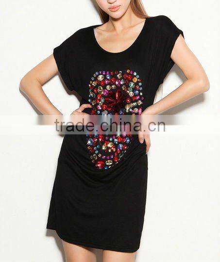 Fashion short sleeve jersey rhinestone girls' dress wholesale