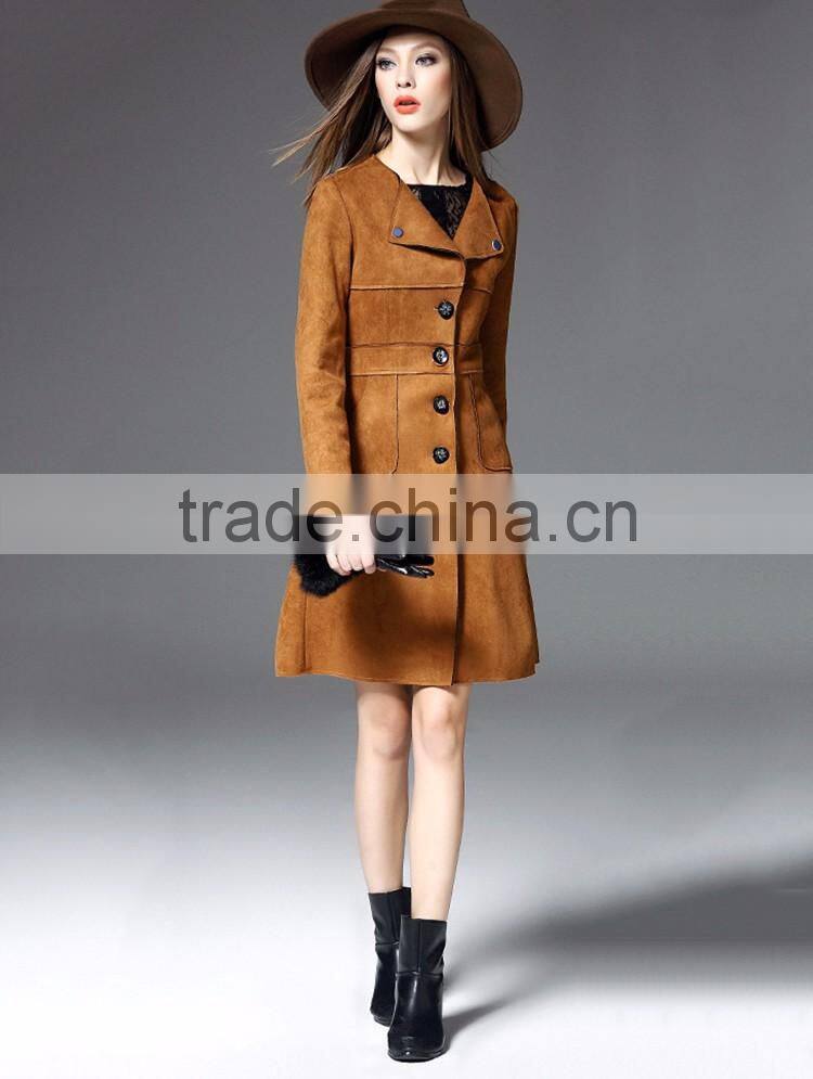 New arrival winter wear plain longline faux suede leather coat