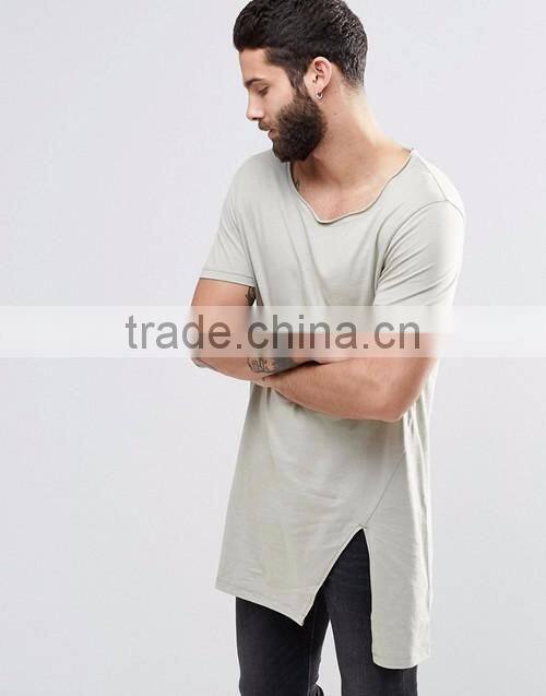 China suppliers custom men summer fashion 100% cotton raw scoop neck split hem long line t-shirt