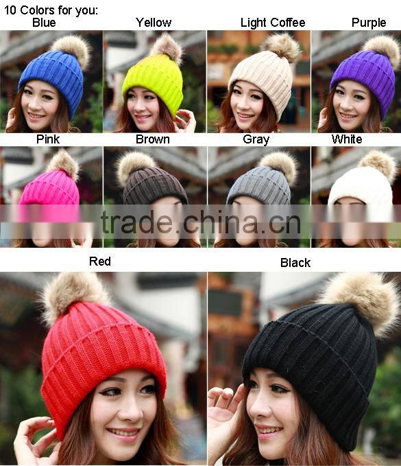 2014 New Women's Knit Cap Beanie Hat With Fur Korean Style Knitted Hat SV007977