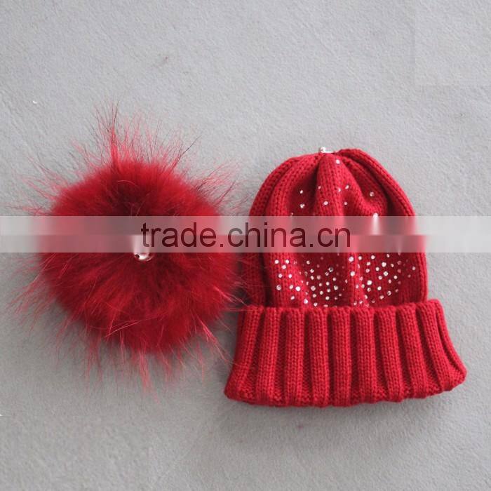 Myfur Elegant White Raccoon Fur Pom Poms Attached Wool Knitting Beanie Hat Wholesale