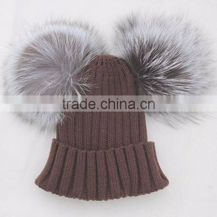 Myfur European Style Silver Fox Fur Big Pom Poms Wool Ribbed Knit Hat