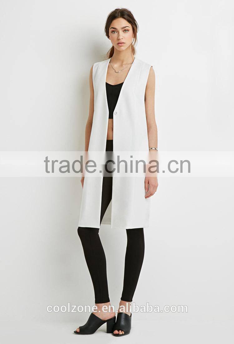 Collarless V-neck longline women vest woven vests with pockets