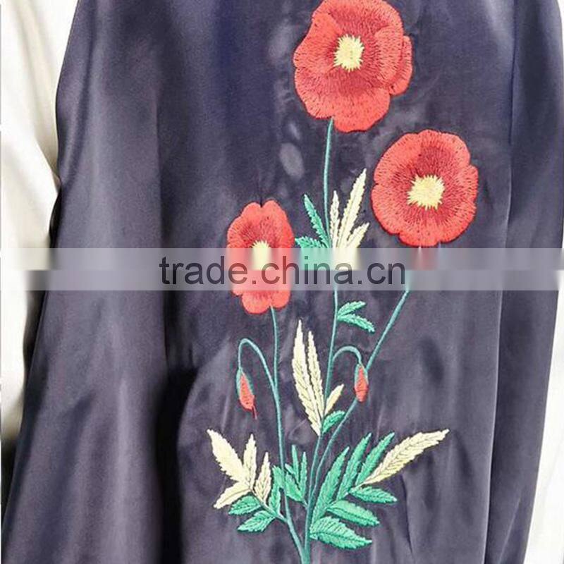Satin back floral embroidered striped raglan sleeves casual coats for ladies