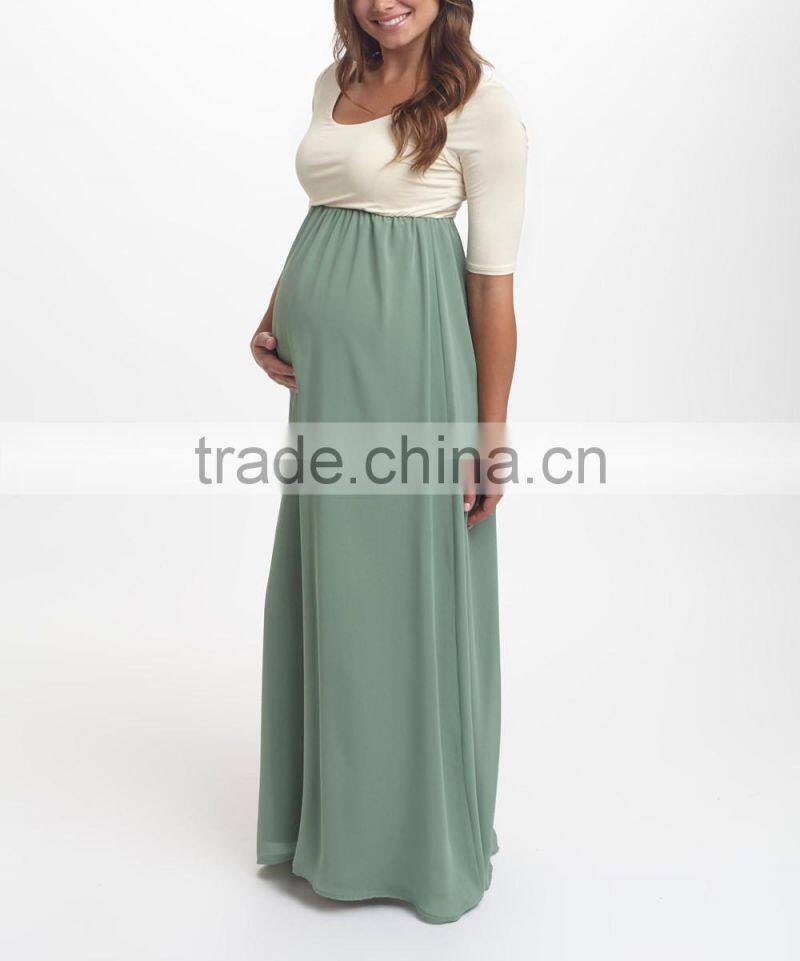 New Arrivals Maternity Dresses With Sage And Ivory Color Block Maternity Scoop Neck Maxi Dress Women Wear WD80817-1