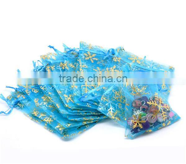 Organza Jewelry Bags Drawstring Rectangle Skyblue Christmas Snowflake Pattern 12cm x9cm