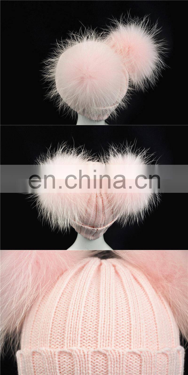 Brand Cute Baby Crochet Hats and Caps with Two Real Raccoon Fur Balls Top Color Matching Hat