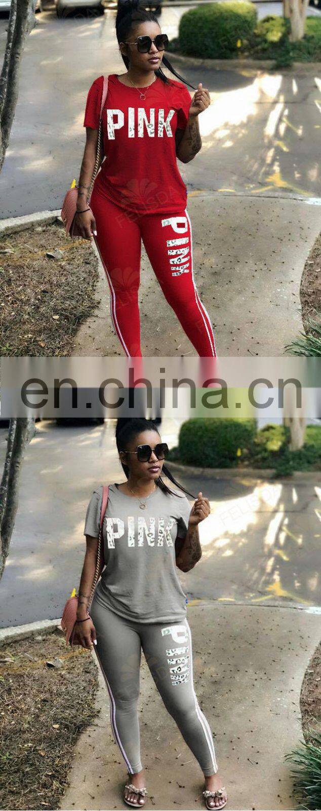 Custom Pink Letter Print Sweatsuit Women Set Plus Size Set Short Sleeve Tops Skinny Pant Tracksuit Fall Casual 2 Piece Set