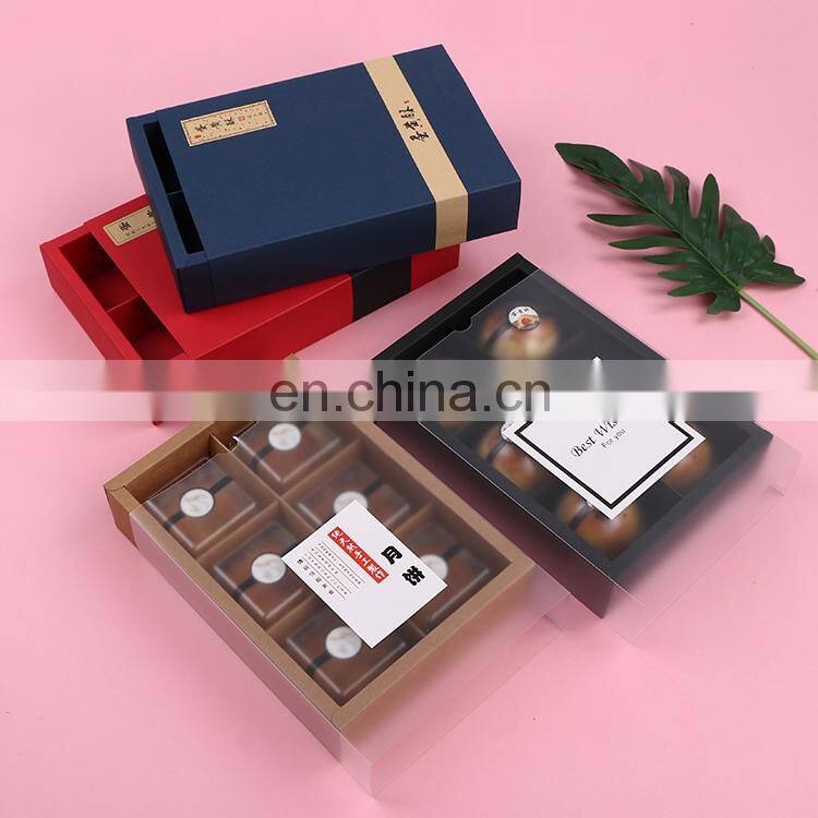 Egg-yolk Puff Drawer Kraft Paper Cookie Box with PET Cover Macaron Dessert Packaging Candy Snacks Packing Boxes for Cake Accept