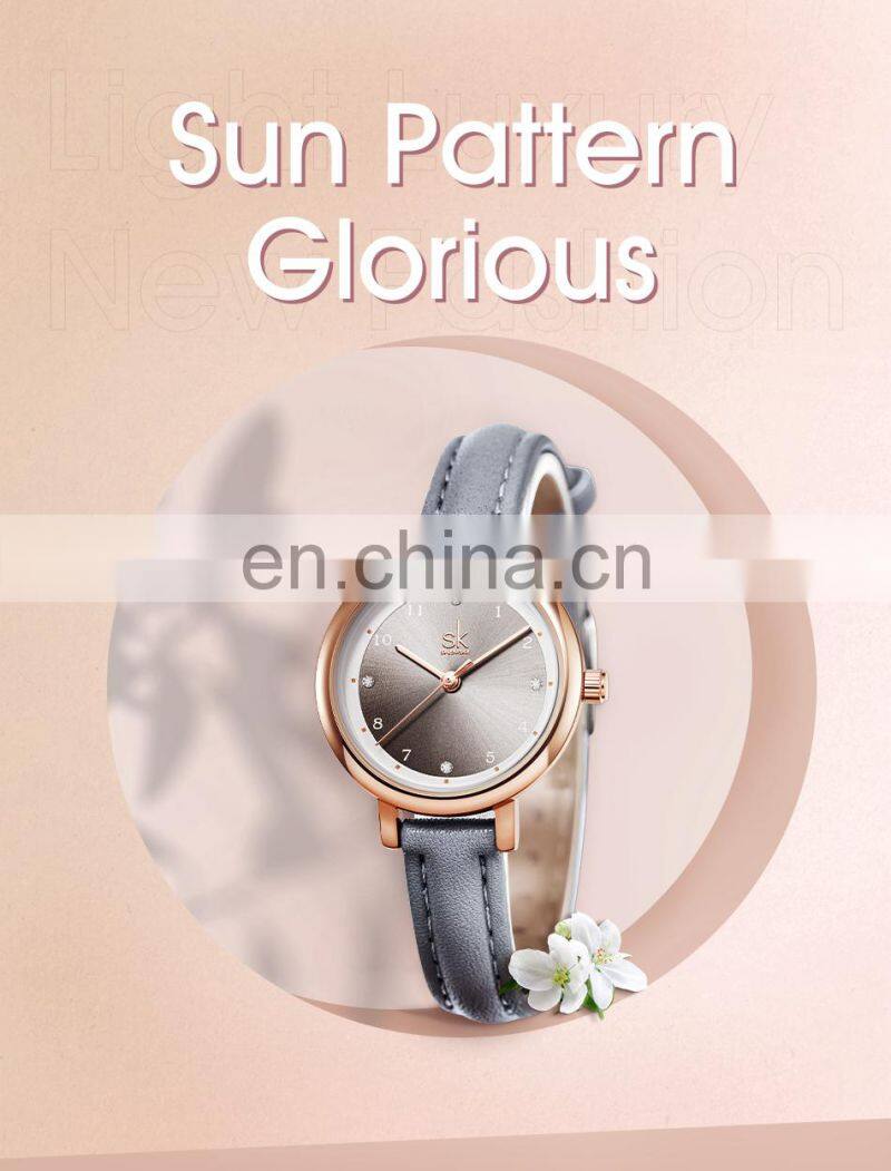 Shengke Classic Sunray Dial Girls Watches K9028 Champagne Simple Style Students Handwatch Small Dial Watches