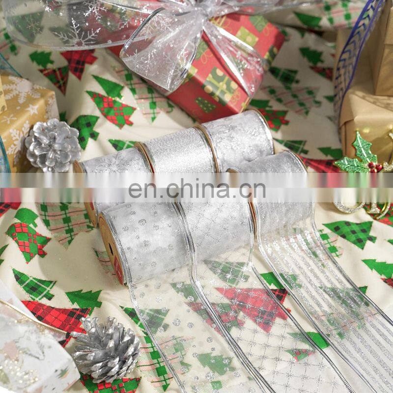 6 Yards/Roll 63mm Gold/Silver Wired Edge Glitter Organza Christmas Ribbon for Wedding Christmas Decoration Gift Packaging