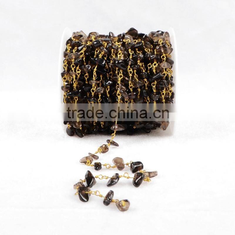 2016 wire wrapped gemstone beaded rosary chain wholesale smoky quartz beaded chain for necklace design
