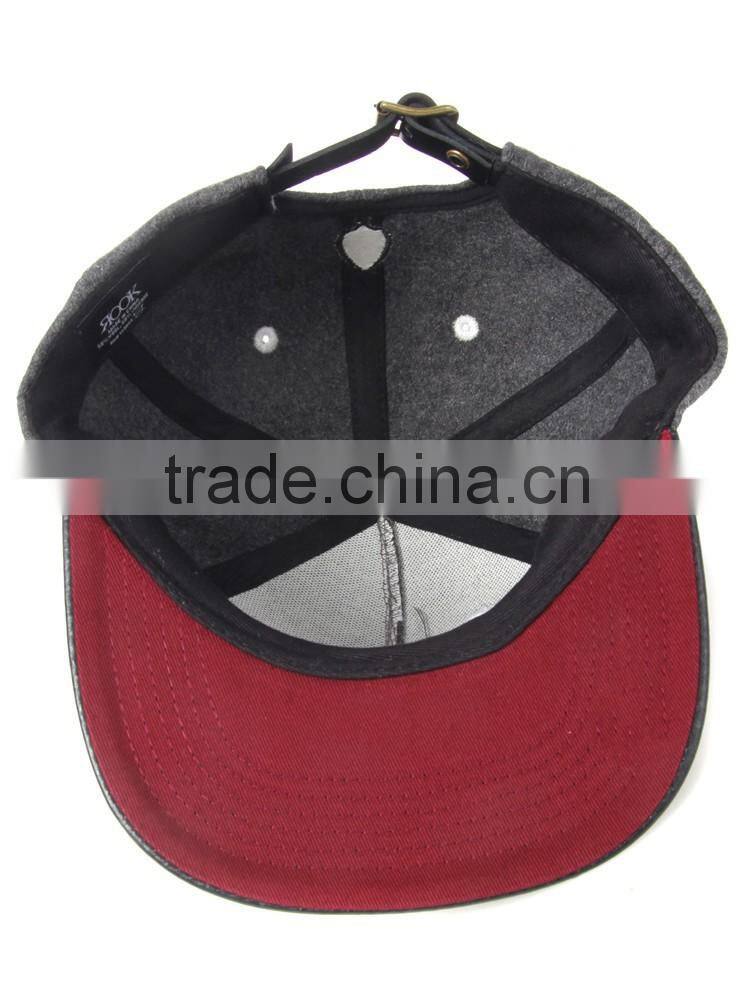 applique snapback cap with flat leather brim red under brim wholesale
