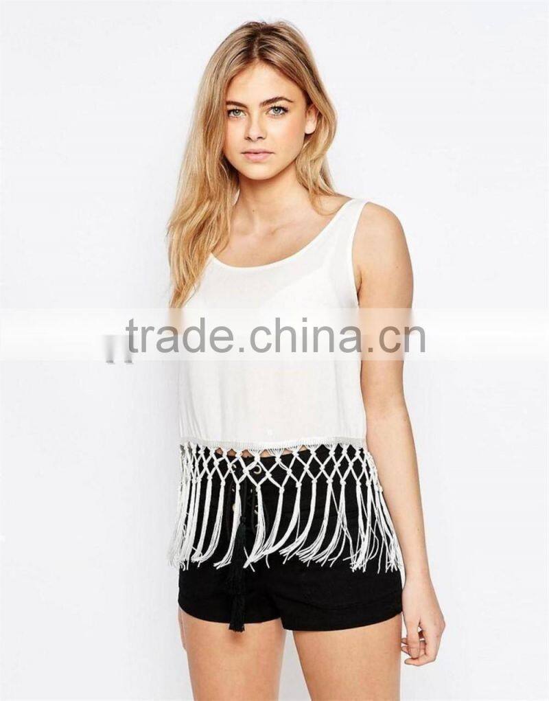 2016 Wholesale Custom Woman Tanks White Tank With Tassles