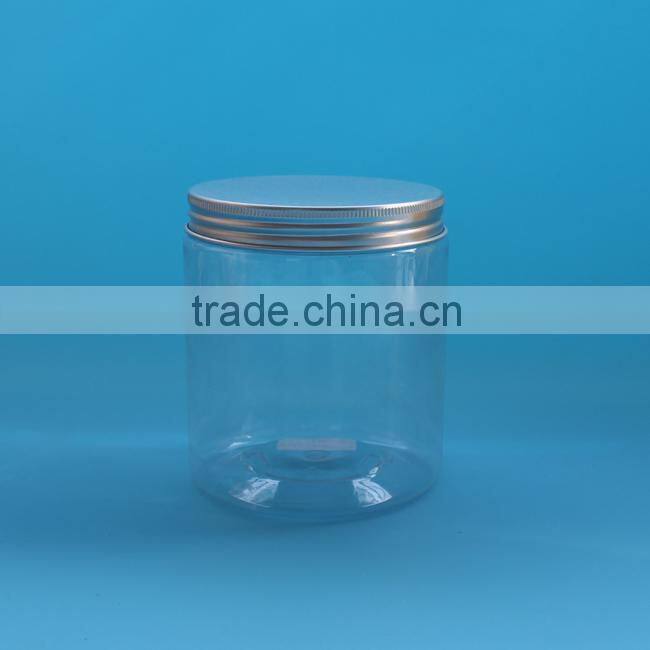 Round clear 600ml plastic PET jars, 600g 20oz Clear PET plastic jar with aluminum cap
