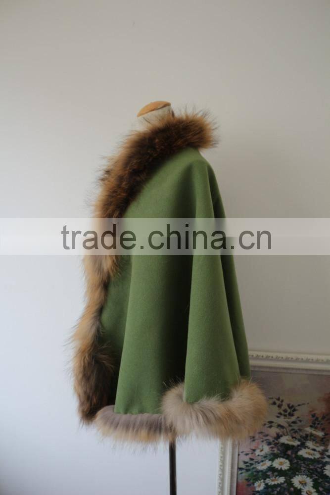 Original Design Pashmina Cape Poncho With Raccoon Fur Trim Ladies Luxury Natural Fur Edge Cashmere Shawl