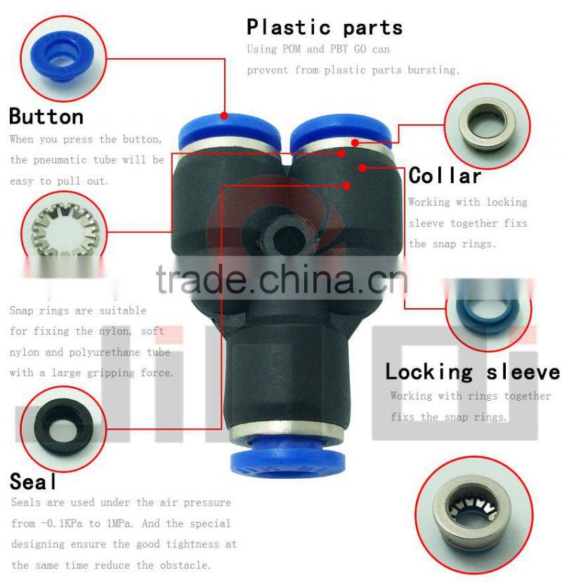 pneumatic one-touch union Y black plastic y branch pipe fittings ,hose connector