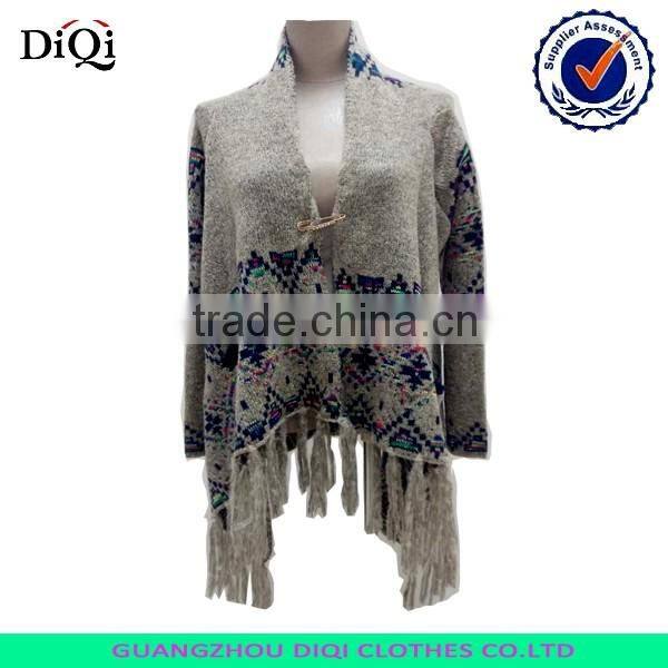 Ladies elegant multi color knitted cardigan with fringes