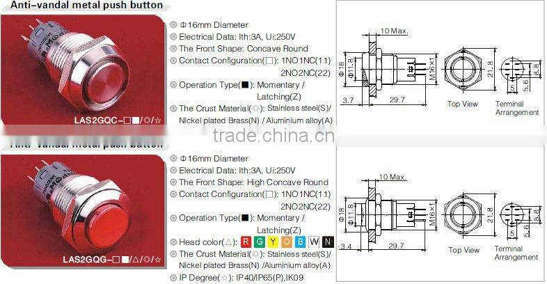 ONPOW doorbell Push button switch(LAS2GQ,16mm,CE,ROHS,REECH,IP40,IP65,IP67)