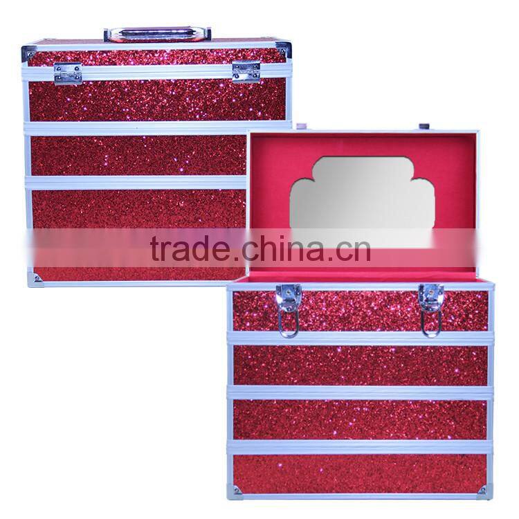 Custom Logo Lockable Hardshell Red Pu Makeup Case With Compartments With Mirror