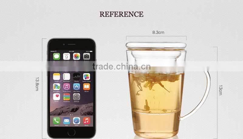 Wholesale heat resistant glass tea cup with glass strainer lid handmade glassware OEM ODM 400ml