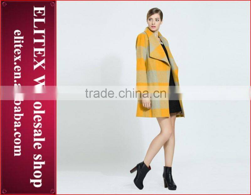 2015 HOT Newest Yellow Plaid Wool woman sexy winter overcoat with belt