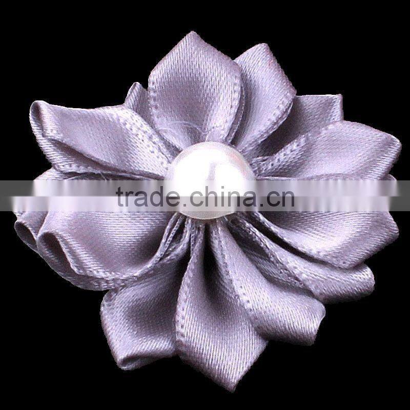 satin ribbon flower with pearl bead center for kids hair accessories