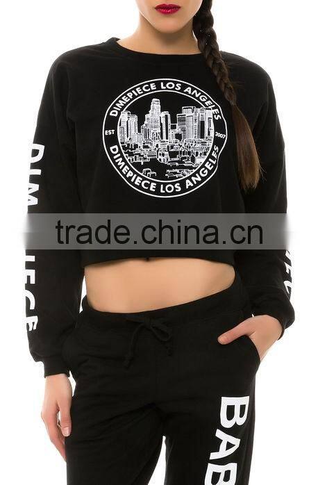 wholesale new design popular black crop top printed cheap pullover women hoodie