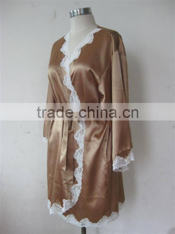New Arrival Woman lace trimmed Satin Wrap Robe E17031