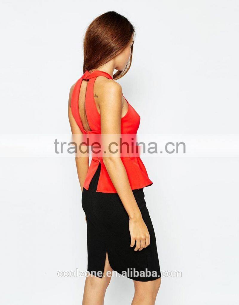 Halter neck smooth stretch fabric peplum top wholesale tank top