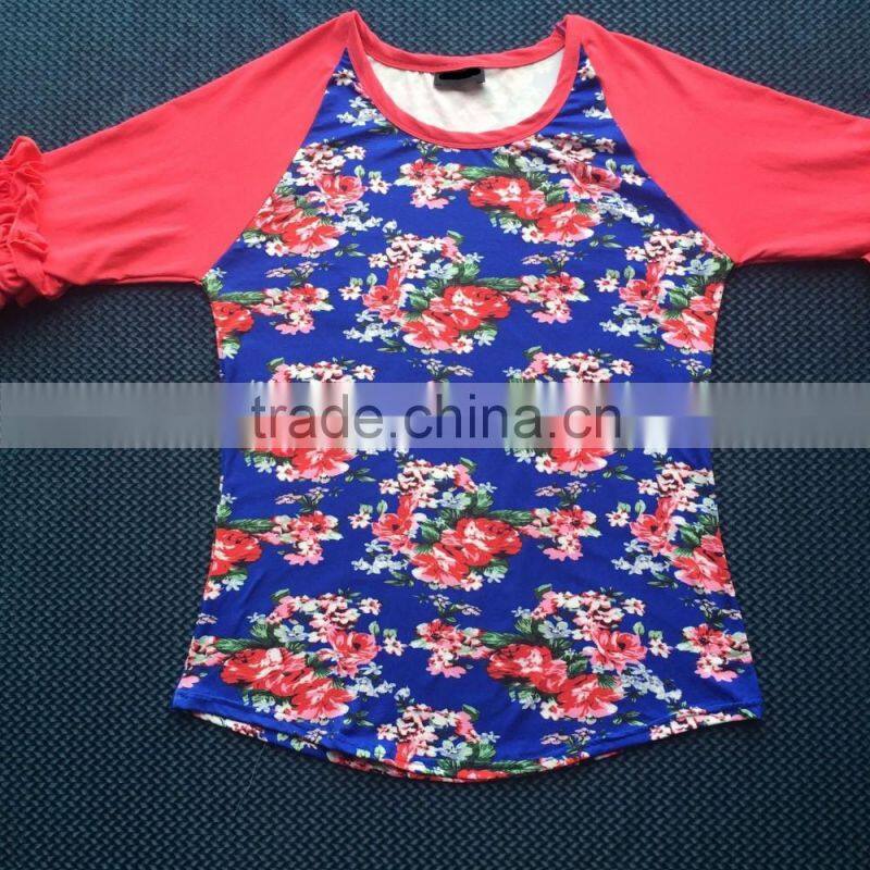 Adult kids mommy and me ruffle raglan shirt 3/4 sleeves raglan kinds fabric patterns prined customers design raglan YW-00350