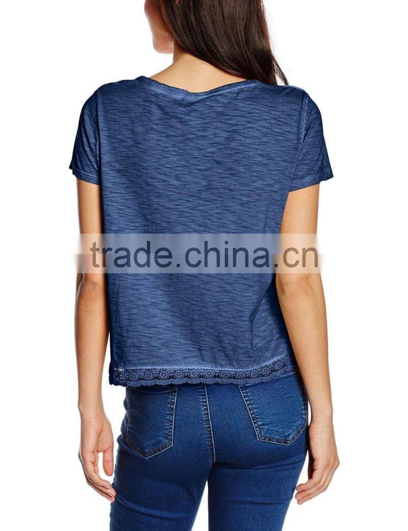 2016 Ladies thin O-neck blank t shirt with lace hem