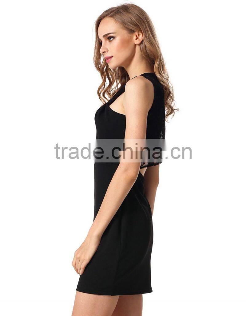 Sexy black V neck plain dresses fashion design empty back bodycon dress for wholesale