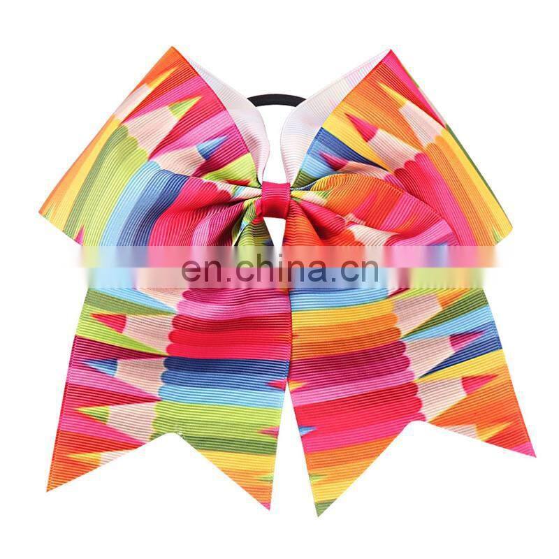 7'' Girls Mermaid Pencil Print Cheer Bows Grosgrain Ribbon School Hair Bow Elastic Rubber Handmade Hair Clip Hair Accessories