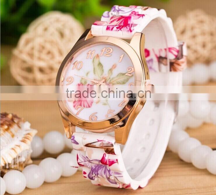 Newest Selling Hot Women/Ladies Fashion Watch Silicon Band Flower Print Jelly Sports Quartz