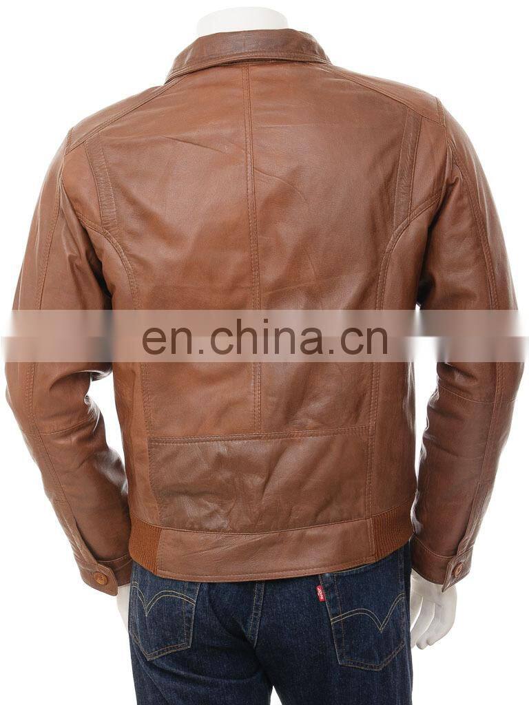 New style High Quality Brown leather jacket Fit short motorbike Fashion Biker men Leather Jacket