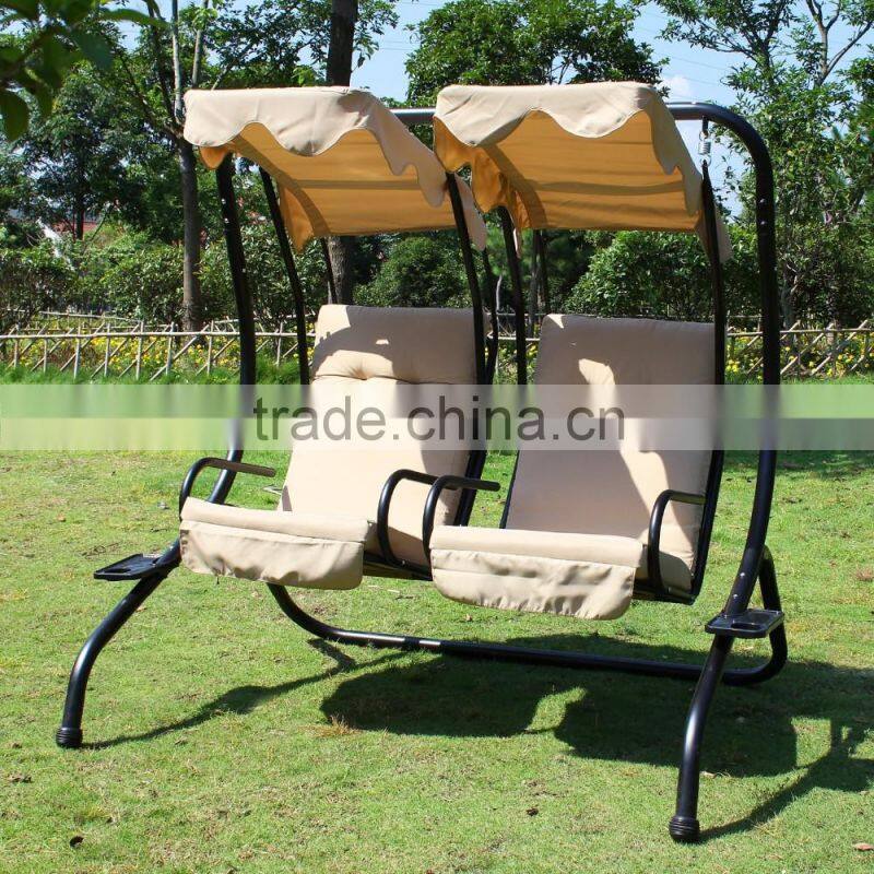 Double Swing Chairs with Frame / Canopy / Cupholder, Tan
