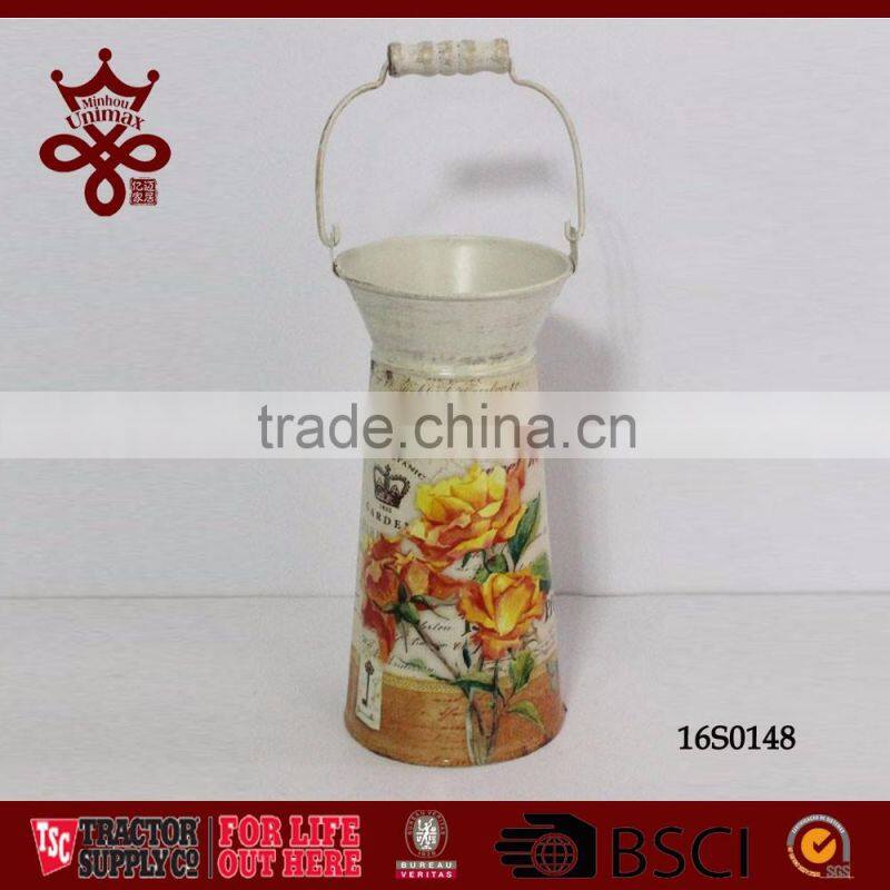 Farm Tools Home Decorative Tall Milk Bucket Tin Pot Wood Handle Metal Milk Tank