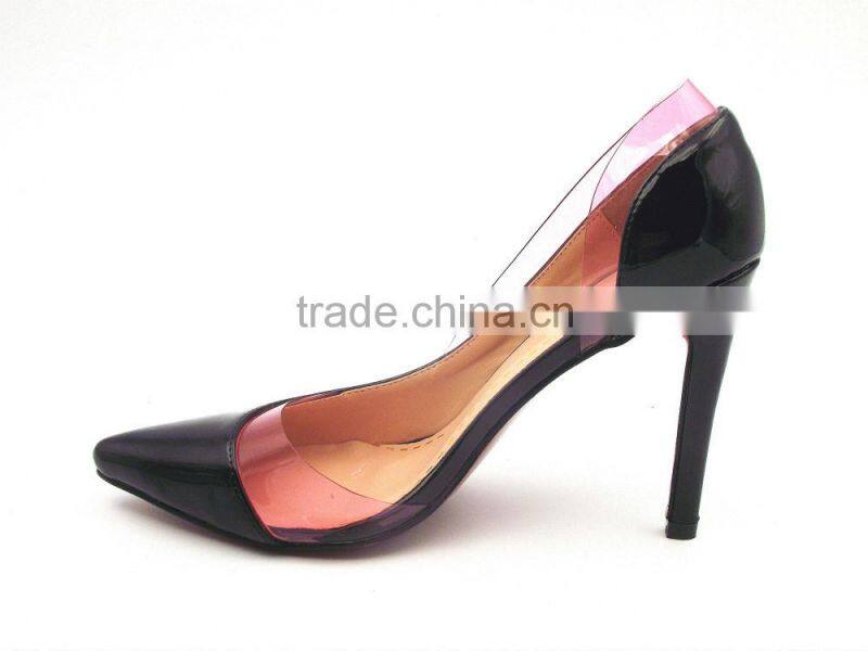 new fashion pointed toe sides empty high heel shoes with plastic