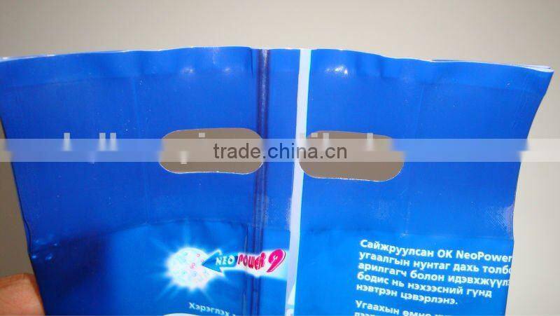 hot sale die cut handle plastic packaging bag for washing powder