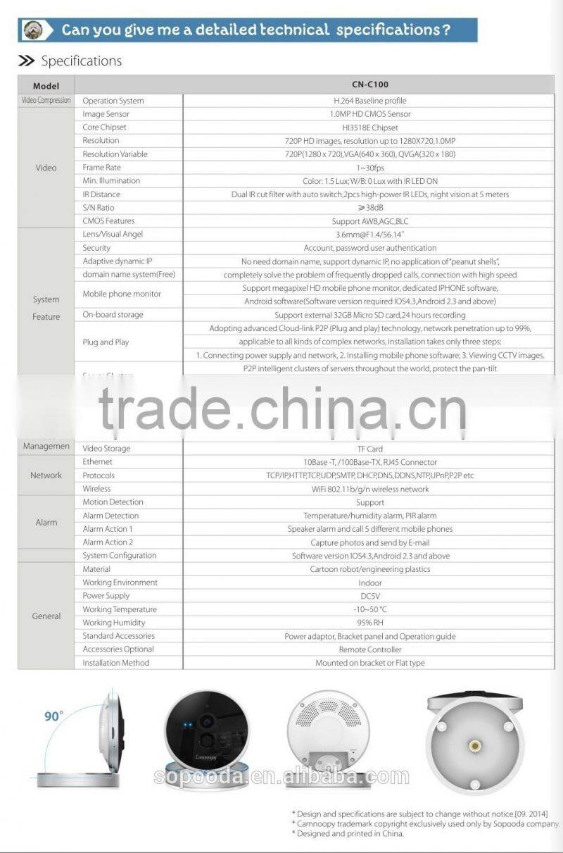 Camnoopy p2p wireless ip cube camera 32G tf CE ROSH