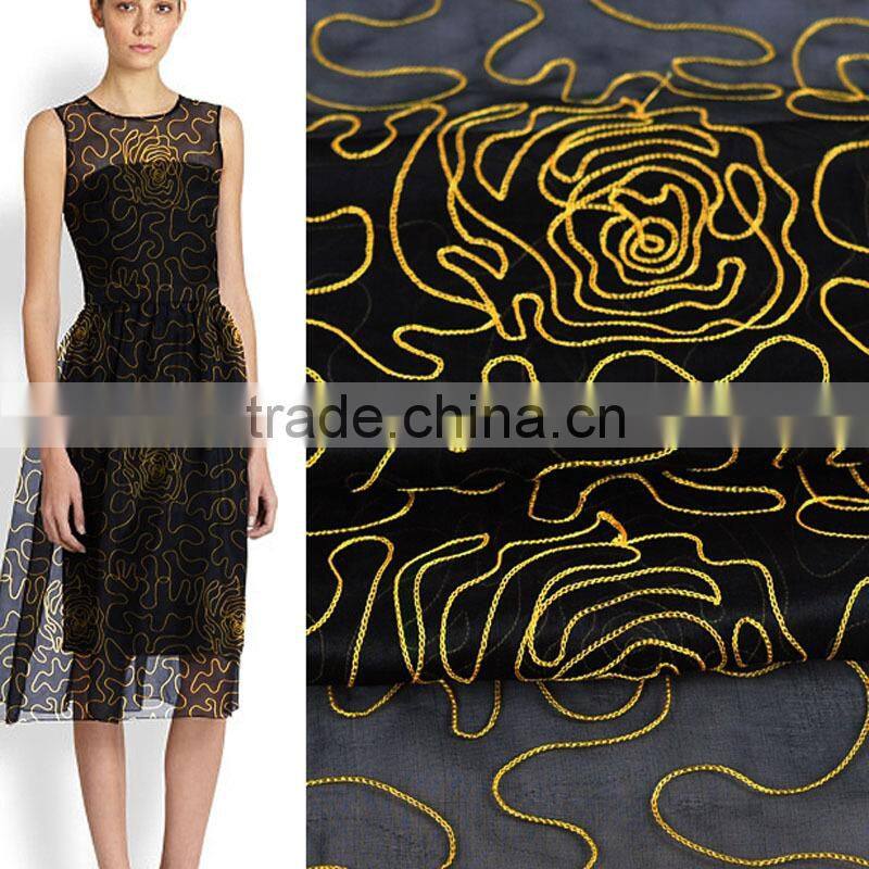 black gold 100% silk organza embroidered tulle fabric