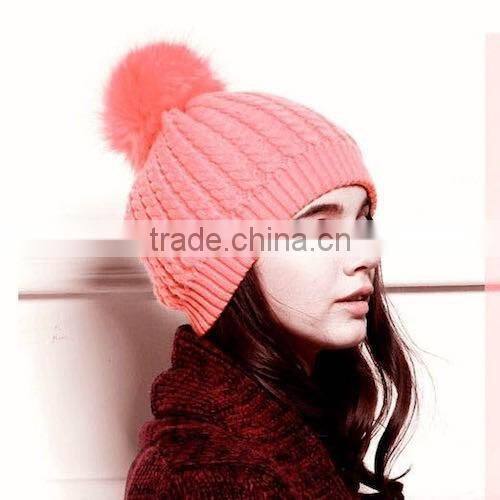 Newest Arrival Winter Warm Crocheted Wool Hat with Fox Fur Pom poms For Fashion Gilrs