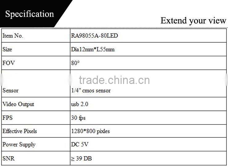 1/4 HD sensor 80 degree FOV 12mm usb endoscope camera module