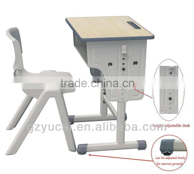 Adjustable wooden single school desk and chair