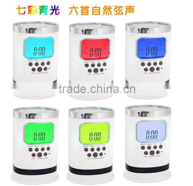 nature sound 7 colors led light digital alarm clock with pen holder,office gift